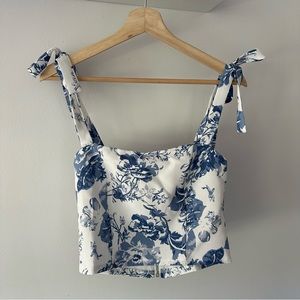 White with Blue Floral Square Neck Shoulder Tie Crop Top